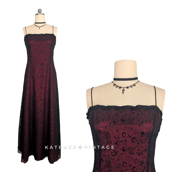 Vintage Betsy Adam Prom Dress Maxi Gown 14 Red Black Goth Y2K Whimsigoth 90s - Picture 1 of 14